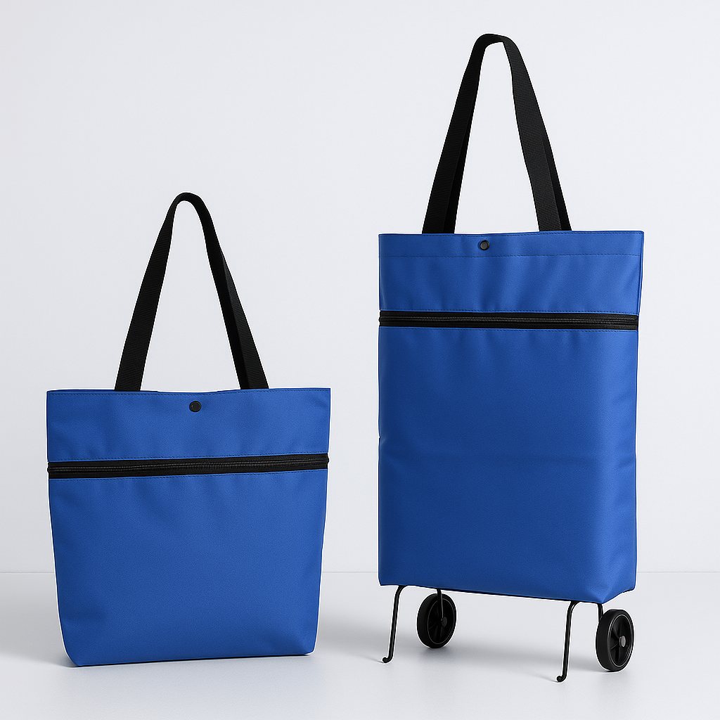 Carro de la compra plegable azul con ruedas y como bolso