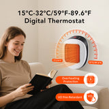 Plug-in heater on a wall with digital thermostat range 59 to 89.6 F