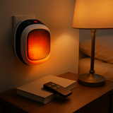 Plug-in heater with remote control on a bedroom nightstand