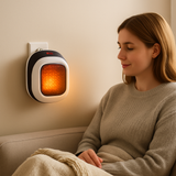 Compact plug-in heater on a wall outlet in a cozy living room